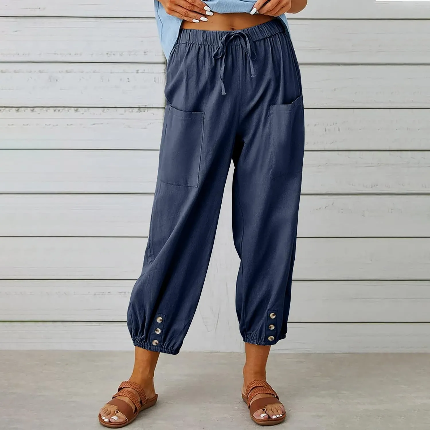 Womens Cotton Linen Pants Drawstring Jogger Pant Summer Loose Beach Trousers with Pockets Vacation Travel Clothes