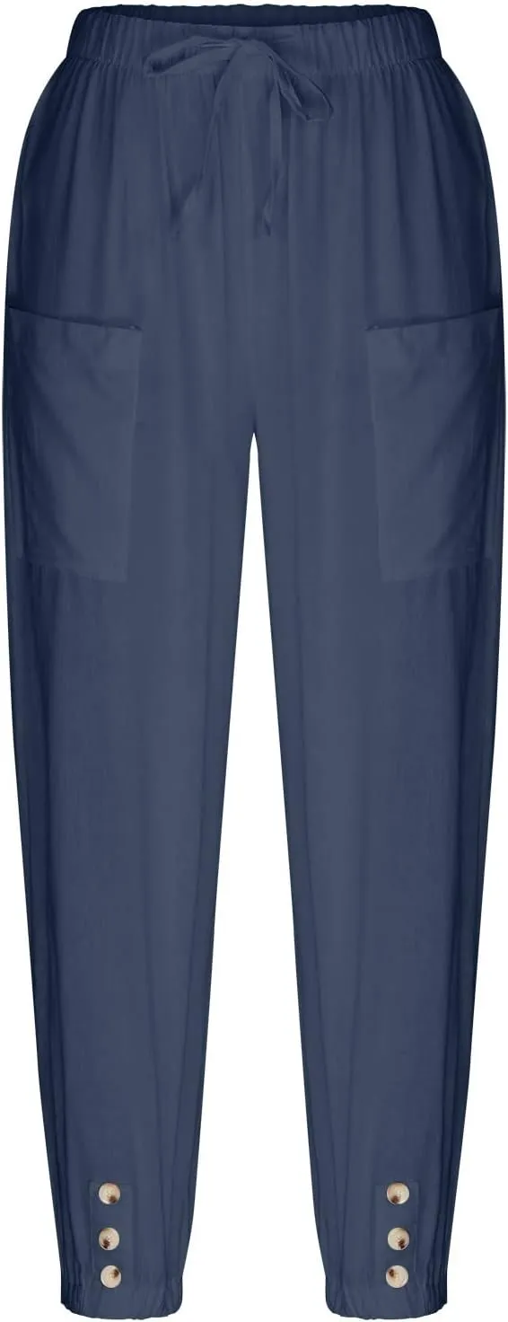 Womens Cotton Linen Pants Drawstring Jogger Pant Summer Loose Beach Trousers with Pockets Vacation Travel Clothes