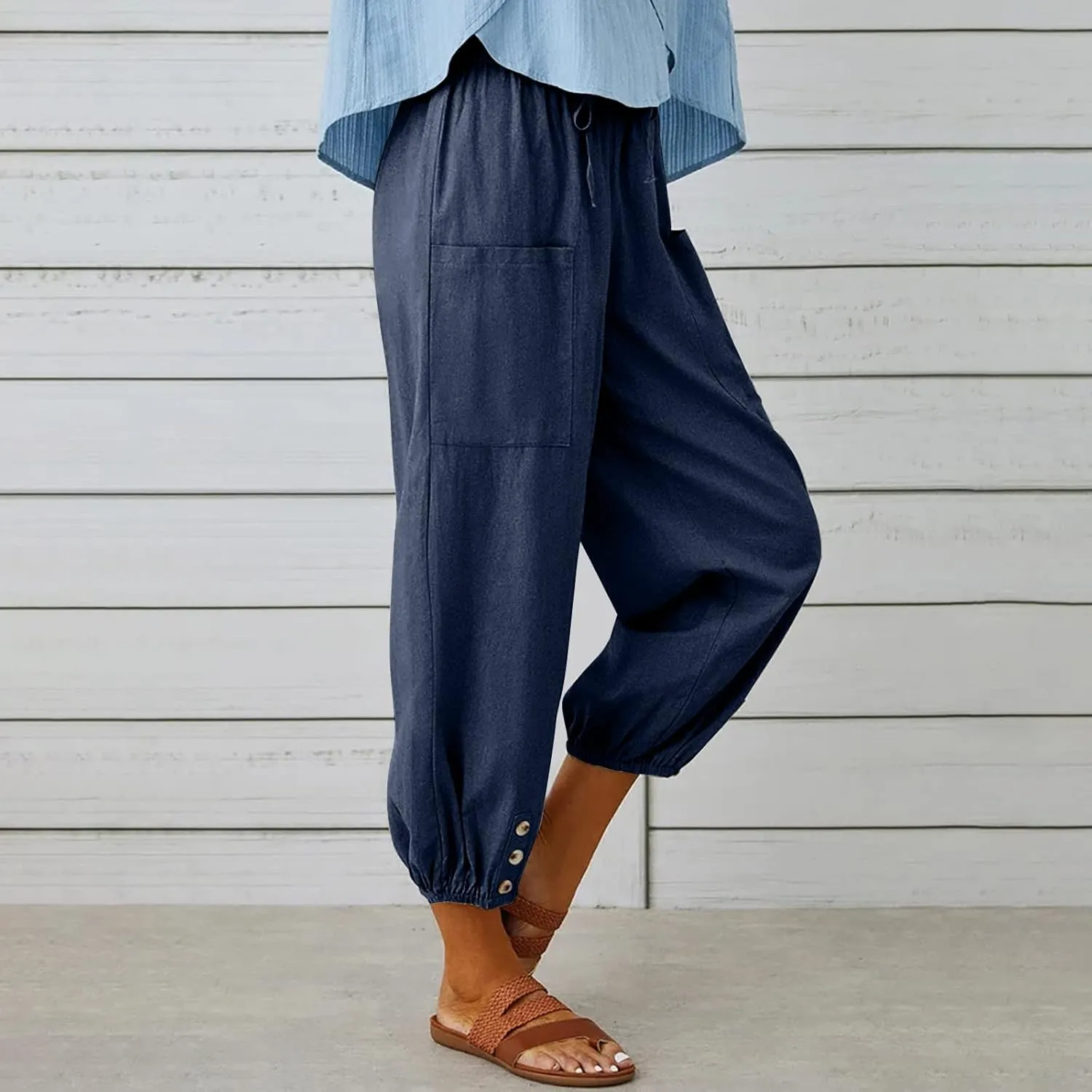 Womens Cotton Linen Pants Drawstring Jogger Pant Summer Loose Beach Trousers with Pockets Vacation Travel Clothes