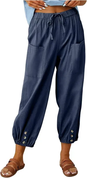 Womens Cotton Linen Pants Drawstring Jogger Pant Summer Loose Beach Trousers with Pockets Vacation Travel Clothes