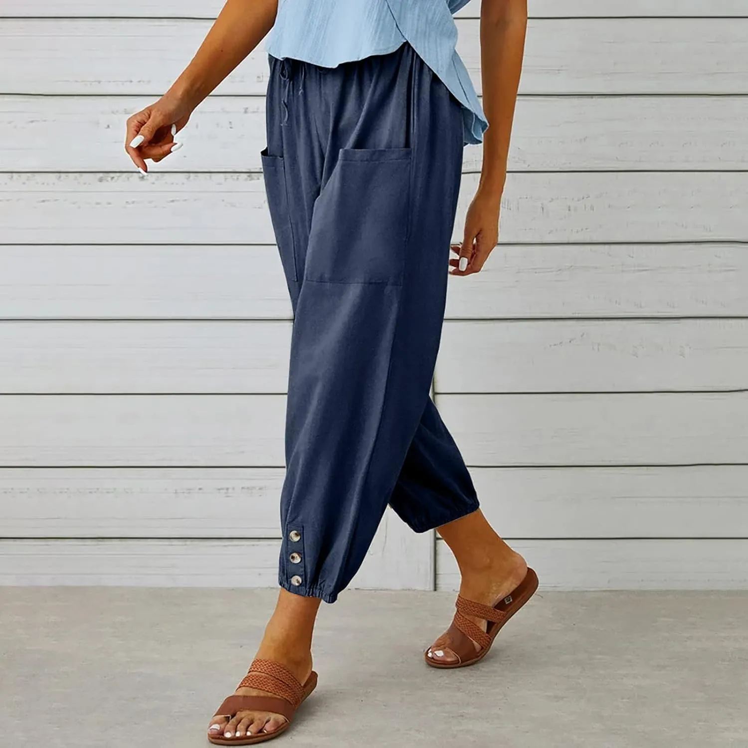 Womens Cotton Linen Pants Drawstring Jogger Pant Summer Loose Beach Trousers with Pockets Vacation Travel Clothes