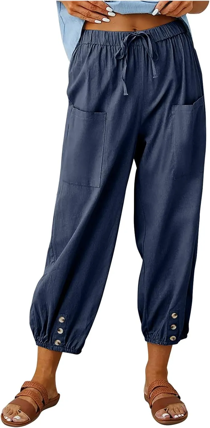 Womens Cotton Linen Pants Drawstring Jogger Pant Summer Loose Beach Trousers with Pockets Vacation Travel Clothes