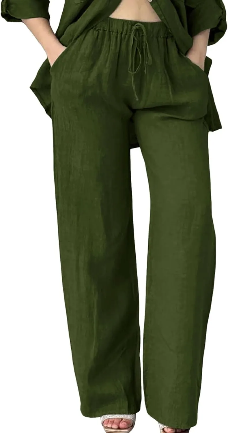 Women's Cotton Linen Pants Summer Palazzo Flowy Elastic Waist Straight Leg Beach Trousers with Pockets Outfits 2025