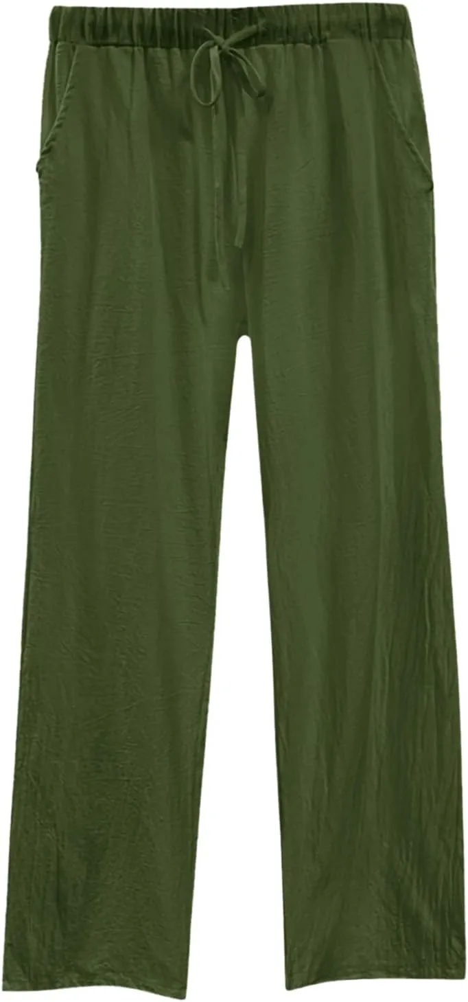 Women's Cotton Linen Pants Summer Palazzo Flowy Elastic Waist Straight Leg Beach Trousers with Pockets Outfits 2025