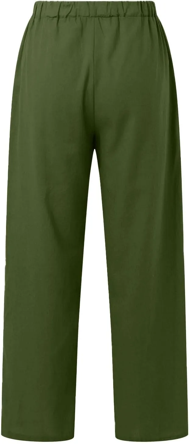 Women's Cotton Linen Pants Summer Palazzo Flowy Elastic Waist Straight Leg Beach Trousers with Pockets Outfits 2025