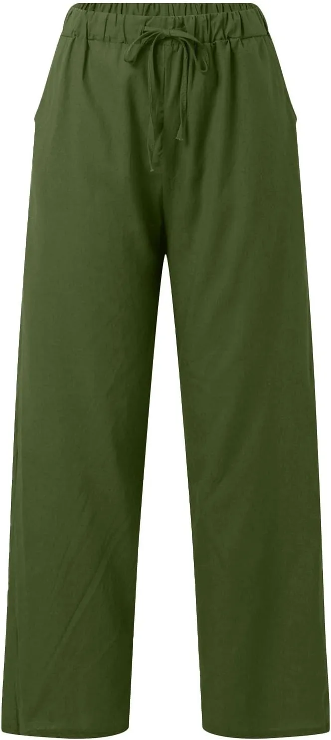 Women's Cotton Linen Pants Summer Palazzo Flowy Elastic Waist Straight Leg Beach Trousers with Pockets Outfits 2025