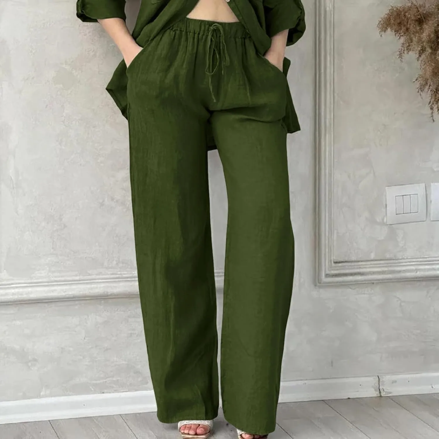 Women's Cotton Linen Pants Summer Palazzo Flowy Elastic Waist Straight Leg Beach Trousers with Pockets Outfits 2025