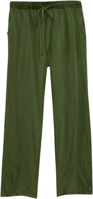 Women's Cotton Linen Pants Summer Palazzo Flowy Elastic Waist Straight Leg Beach Trousers with Pockets Outfits 2025