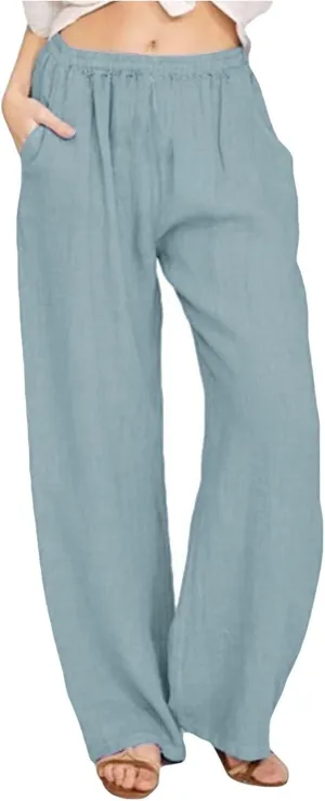 Women's Cotton Linen Pants Wide Leg High Waisted Lounge Trousers Drawstring Casual Loose Palazzo Pants with Pockets