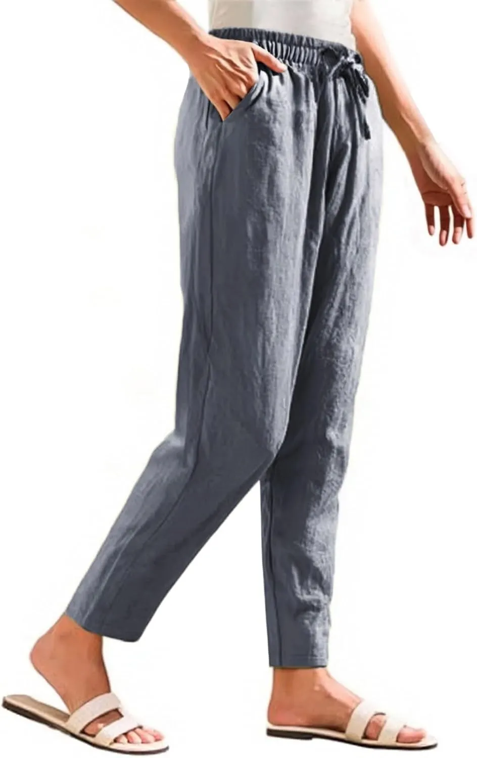 Women's Cotton Linen Straight Leg Pants Elastic Drawstring Summer Trousers with Pockets Casual Beach Lounge Pants
