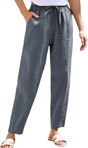 Women's Cotton Linen Straight Leg Pants Elastic Drawstring Summer Trousers with Pockets Casual Beach Lounge Pants