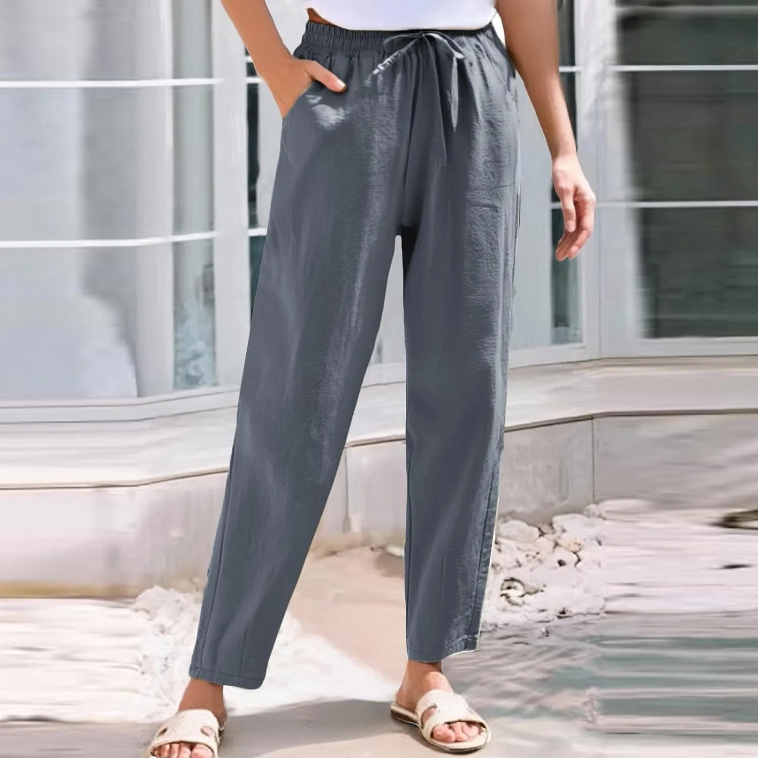 Women's Cotton Linen Straight Leg Pants Elastic Drawstring Summer Trousers with Pockets Casual Beach Lounge Pants