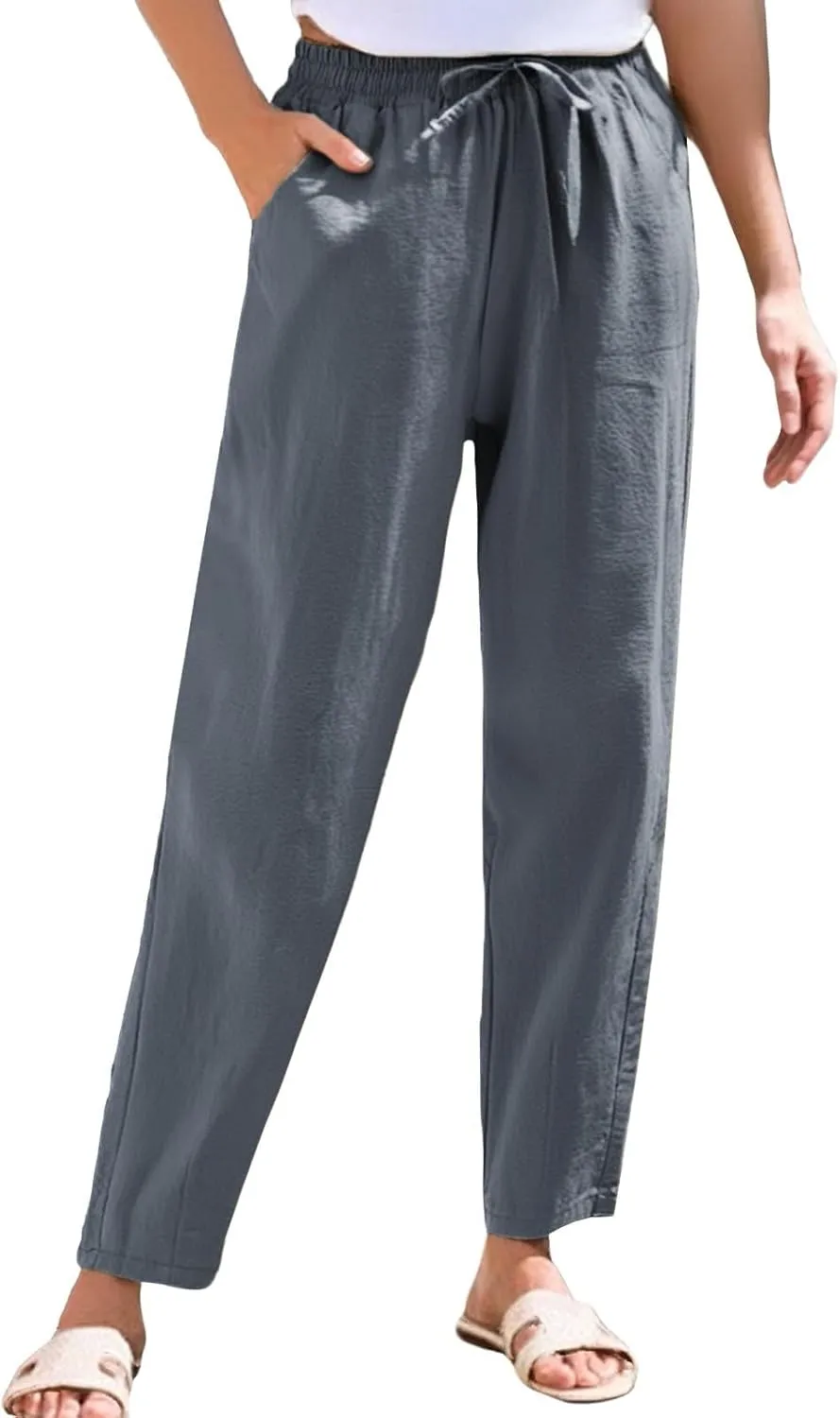 Women's Cotton Linen Straight Leg Pants Elastic Drawstring Summer Trousers with Pockets Casual Beach Lounge Pants