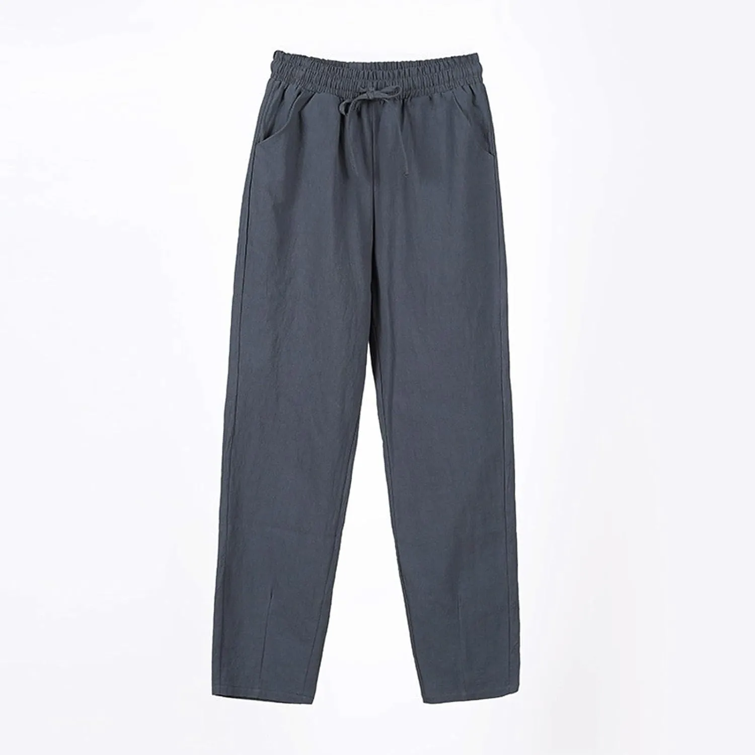 Women's Cotton Linen Straight Leg Pants Elastic Drawstring Summer Trousers with Pockets Casual Beach Lounge Pants
