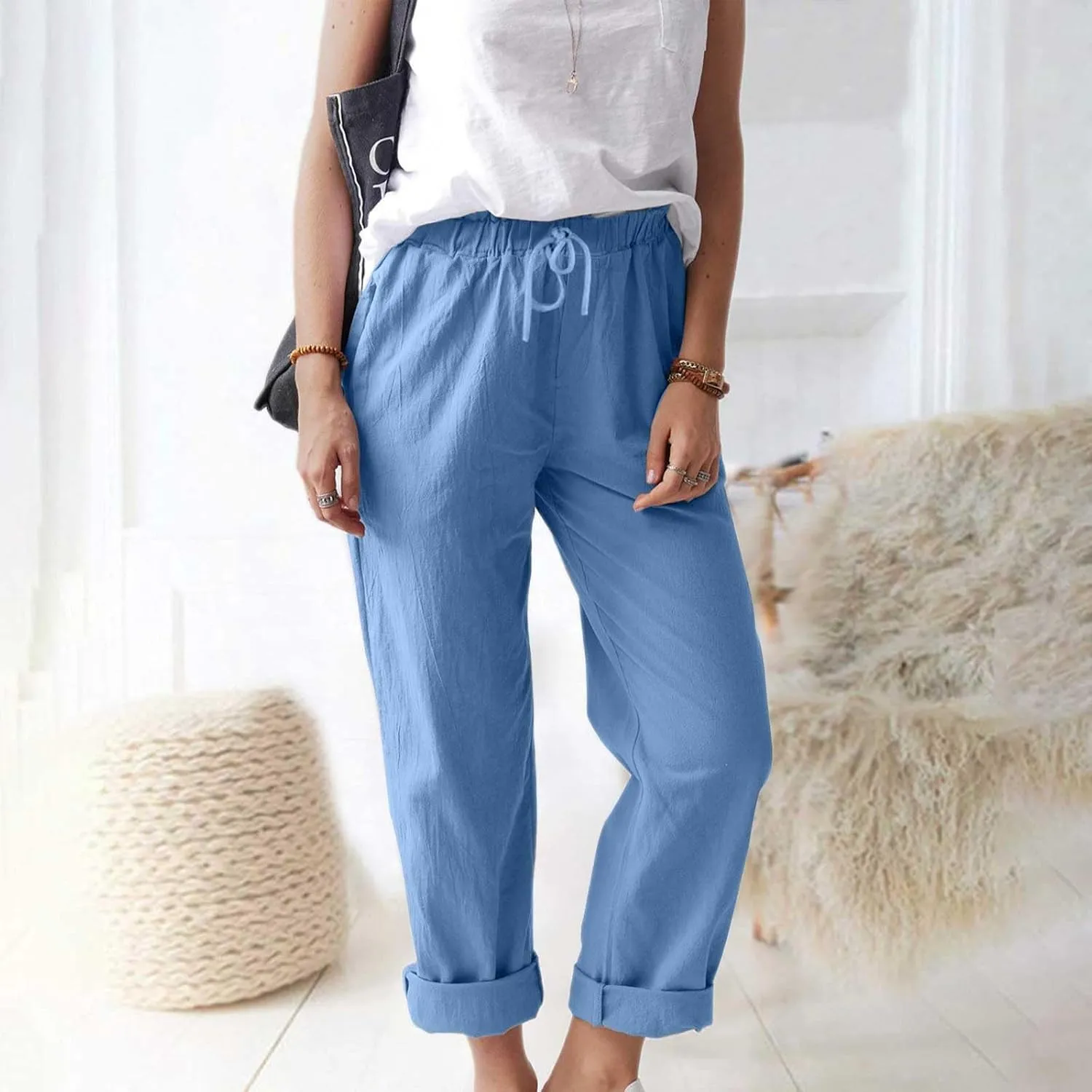 Womens Cotton Linen Straight Leg Pants Summer Drawstring Elastic High Waist Pants Casual Trousers with Pockets