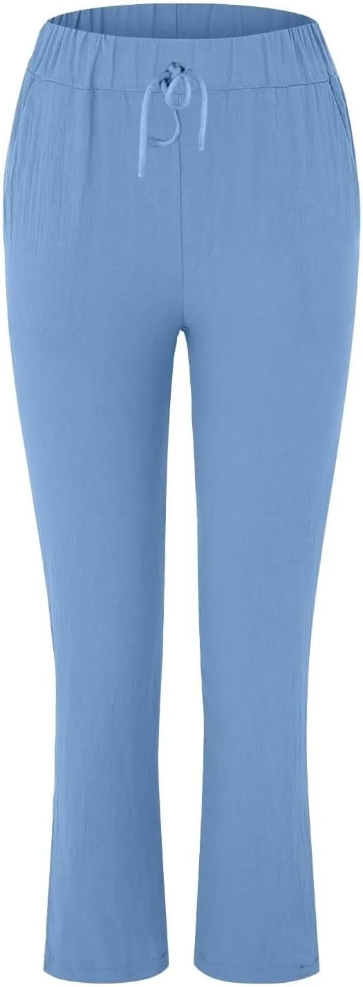 Womens Cotton Linen Straight Leg Pants Summer Drawstring Elastic High Waist Pants Casual Trousers with Pockets