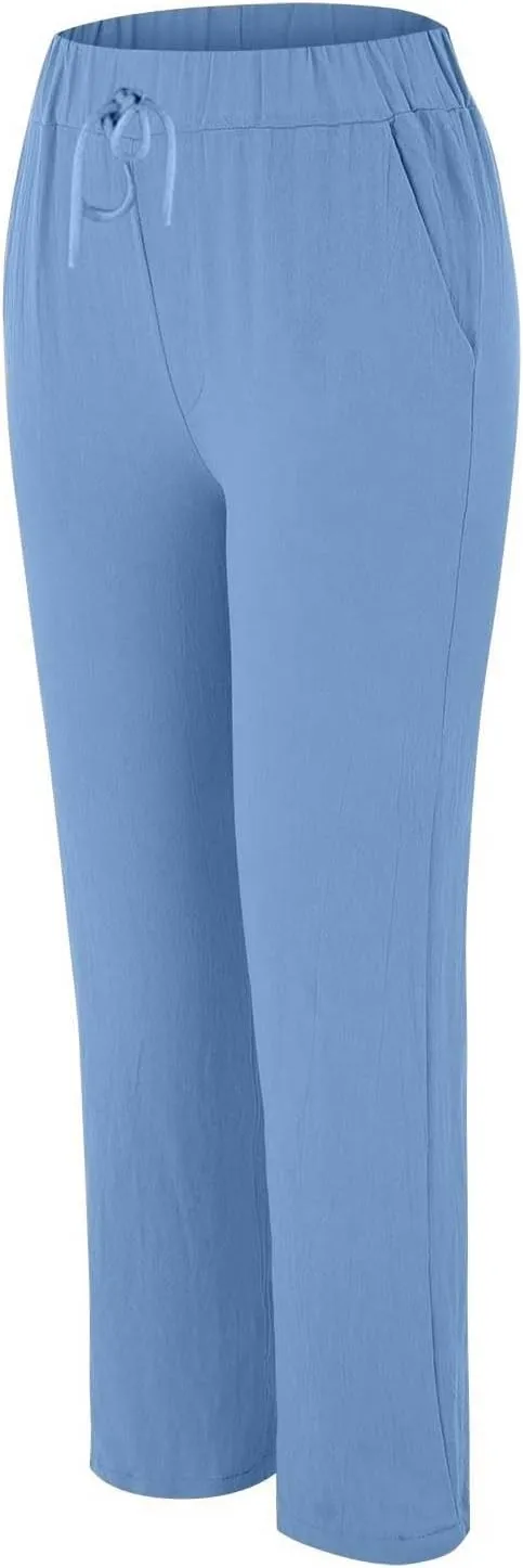 Womens Cotton Linen Straight Leg Pants Summer Drawstring Elastic High Waist Pants Casual Trousers with Pockets