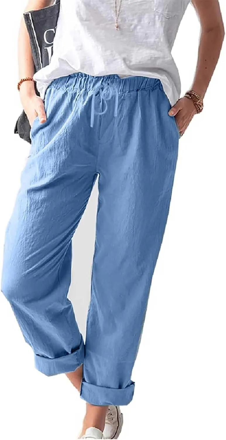 Womens Cotton Linen Straight Leg Pants Summer Drawstring Elastic High Waist Pants Casual Trousers with Pockets