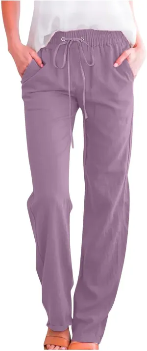 Womens Drawstring Cotton Linen Pants Solid Slim Fit Tapered Trousers Summer Beach Vacation Slacks 2025 Solid Outfits