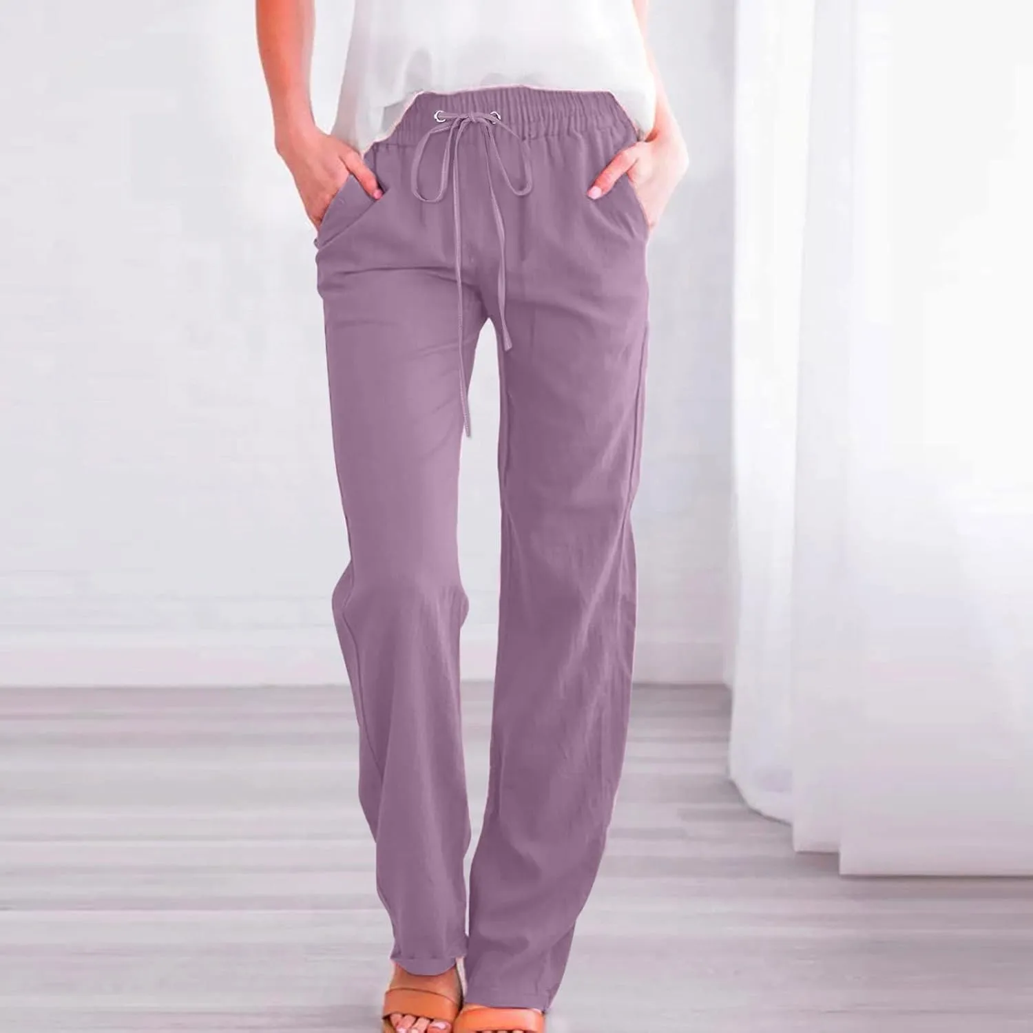Womens Drawstring Cotton Linen Pants Solid Slim Fit Tapered Trousers Summer Beach Vacation Slacks 2025 Solid Outfits