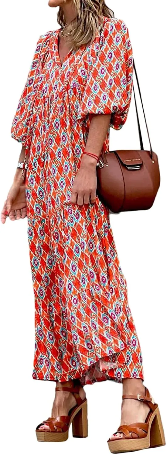 Women's Floral Puff Sleeve Maxi Dress Summer Bohemian V Neck Tiered Long Dress Casual Loose Swing Beach Sundress