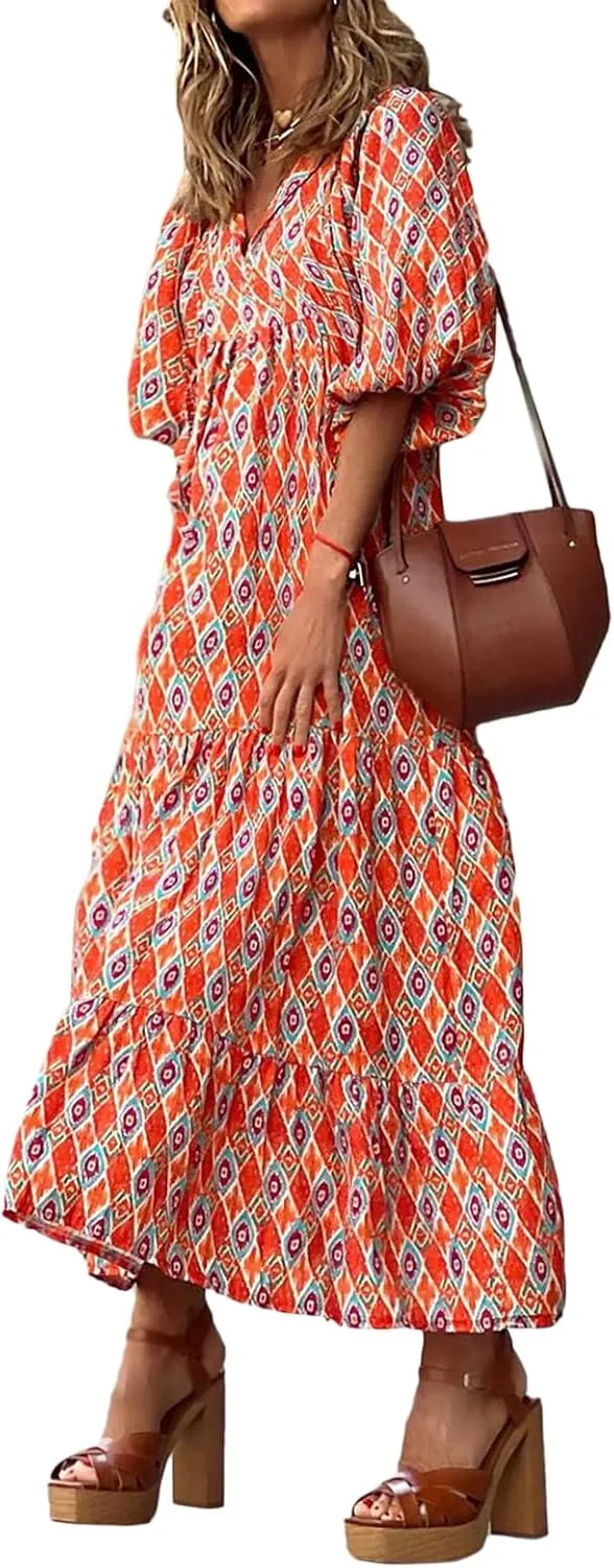 Women's Floral Puff Sleeve Maxi Dress Summer Bohemian V Neck Tiered Long Dress Casual Loose Swing Beach Sundress
