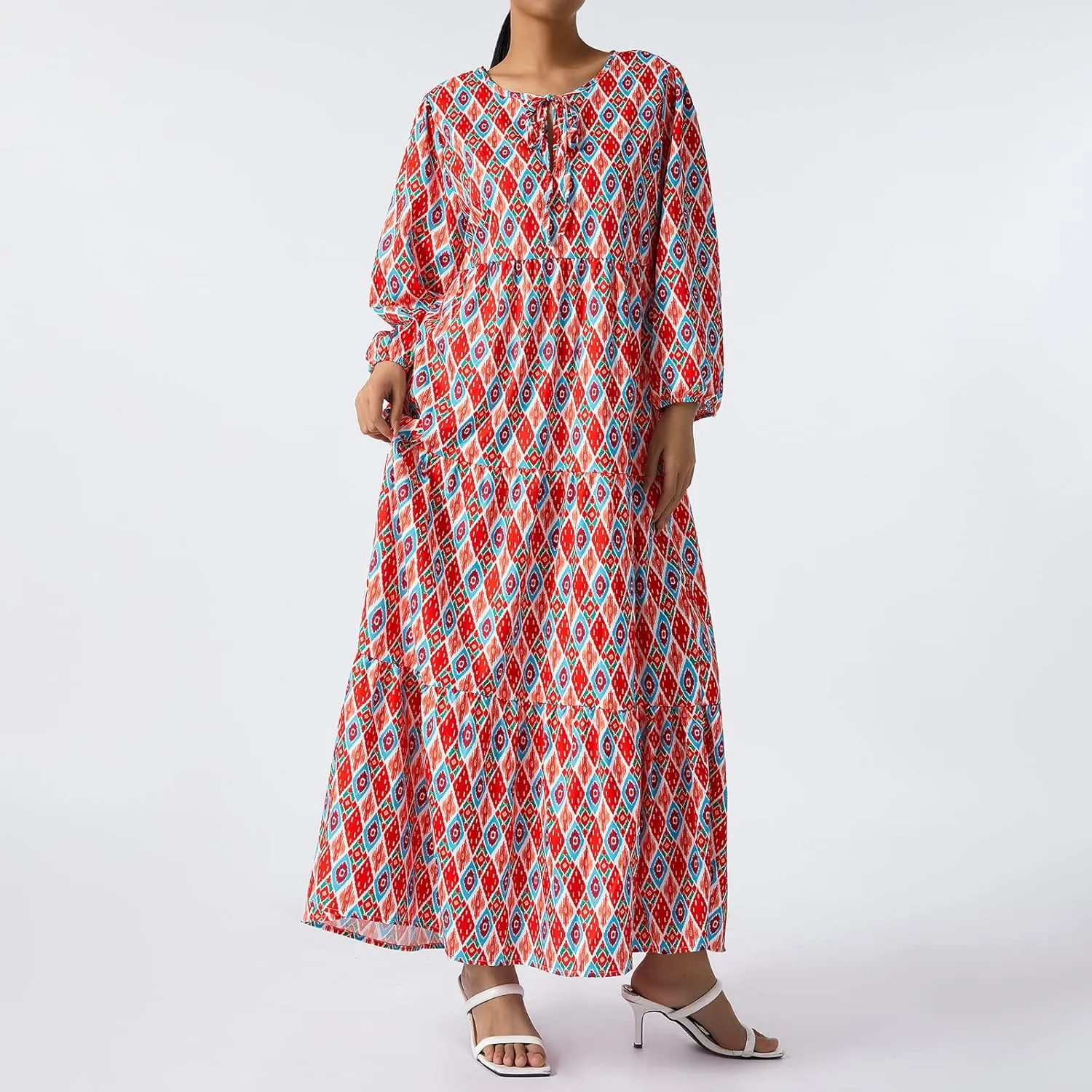 Women's Floral Puff Sleeve Maxi Dress Summer Bohemian V Neck Tiered Long Dress Casual Loose Swing Beach Sundress