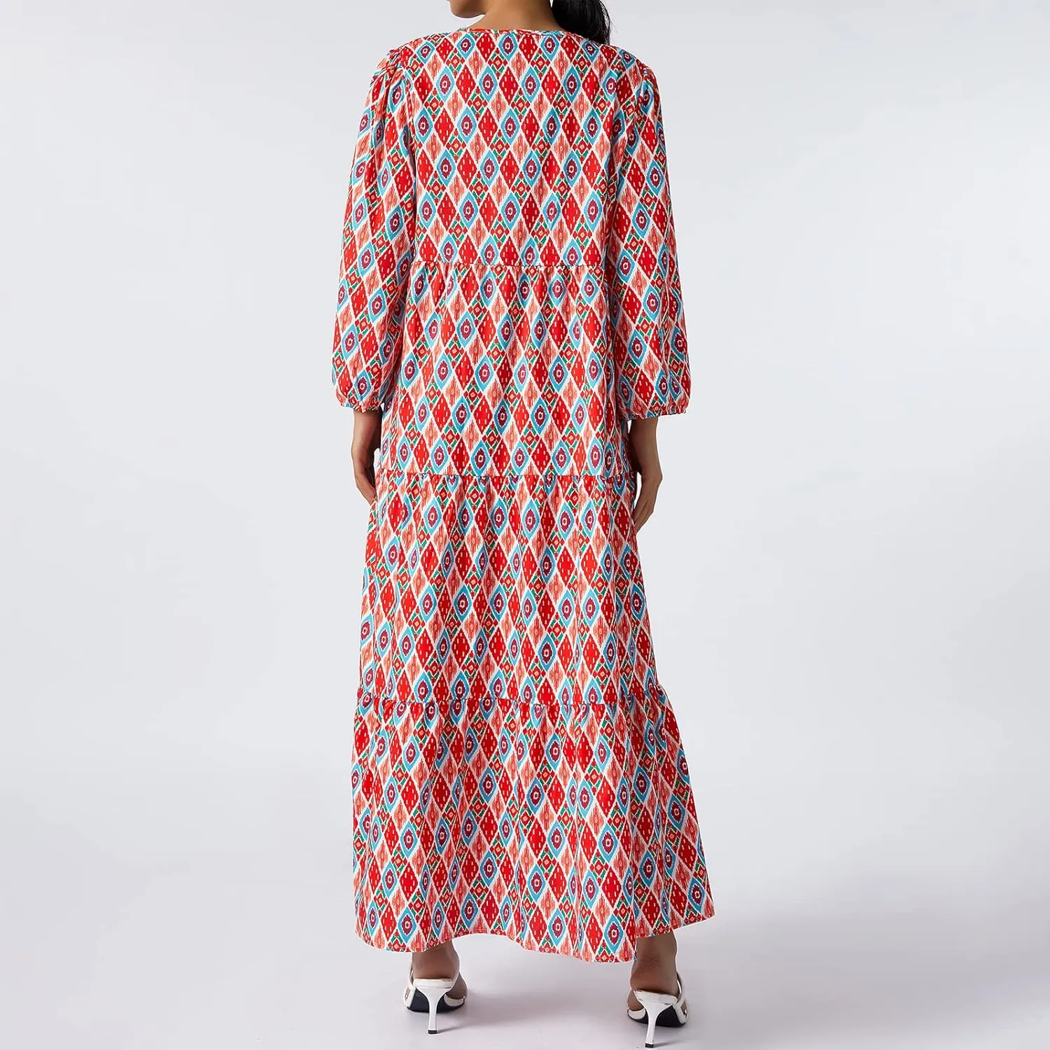 Women's Floral Puff Sleeve Maxi Dress Summer Bohemian V Neck Tiered Long Dress Casual Loose Swing Beach Sundress