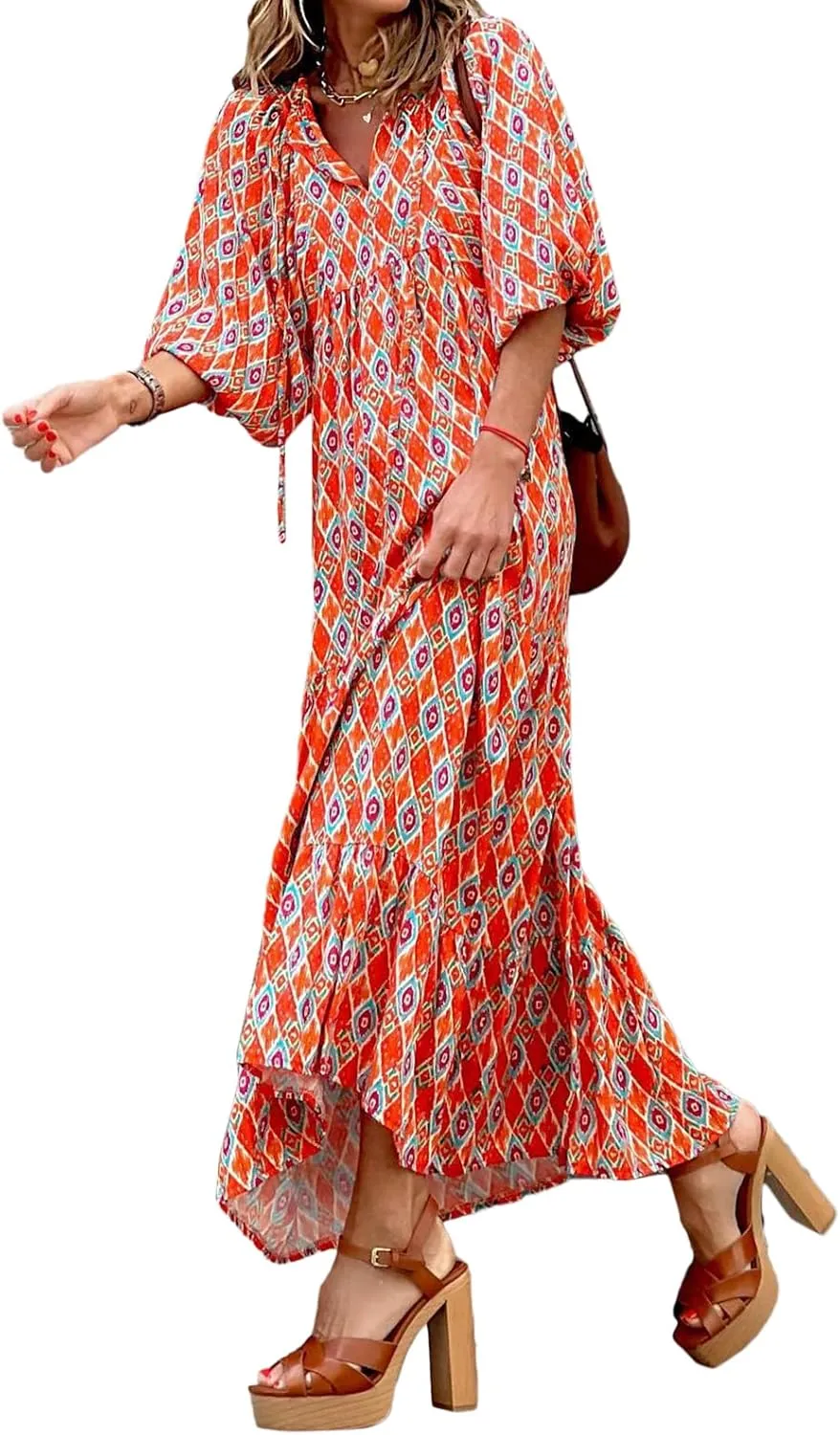 Women's Floral Puff Sleeve Maxi Dress Summer Bohemian V Neck Tiered Long Dress Casual Loose Swing Beach Sundress