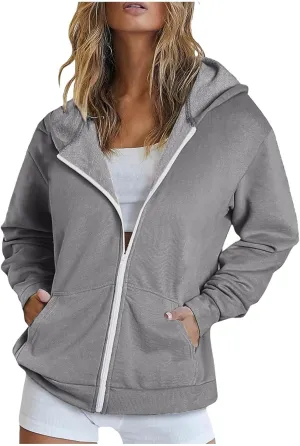 Women's Full Zip Up Lightweight Oversized Hoodie Long Sleeve Hooded Sweatshirts Jacket Coat with Pockets