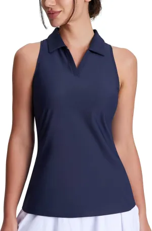 Women's Golf Shirts Sleeveless Racerback Slim Fit Tennis Tank Tops V-Neck Collared Polo Quick Dry UPF 50 