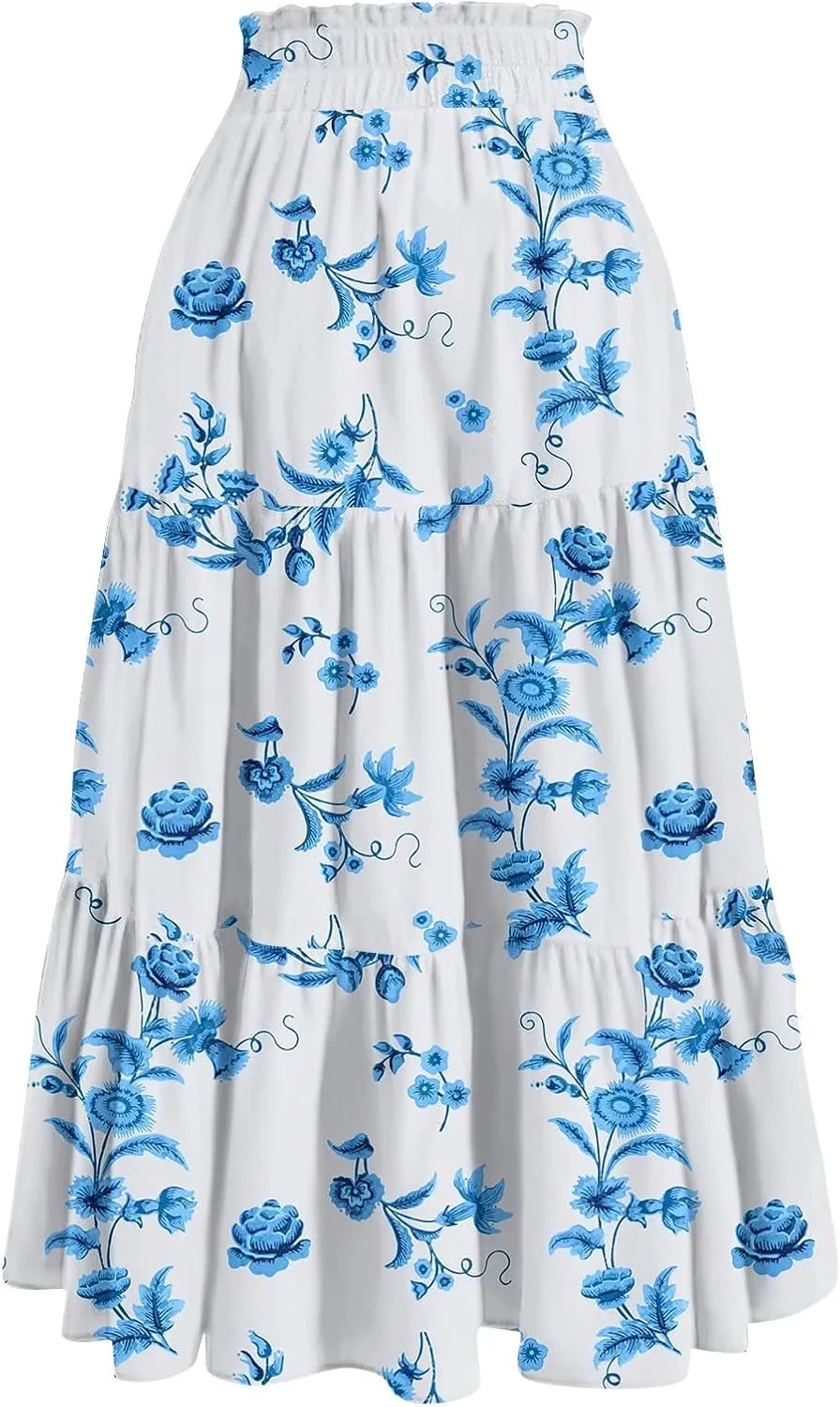 Women's High Elastic Waist Bohemian Midi Skirt - Pleated Ruffle A-Line Floral Skirt for Casual Wear