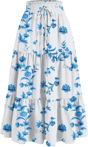 Women's High Elastic Waist Bohemian Midi Skirt - Pleated Ruffle A-Line Floral Skirt for Casual Wear