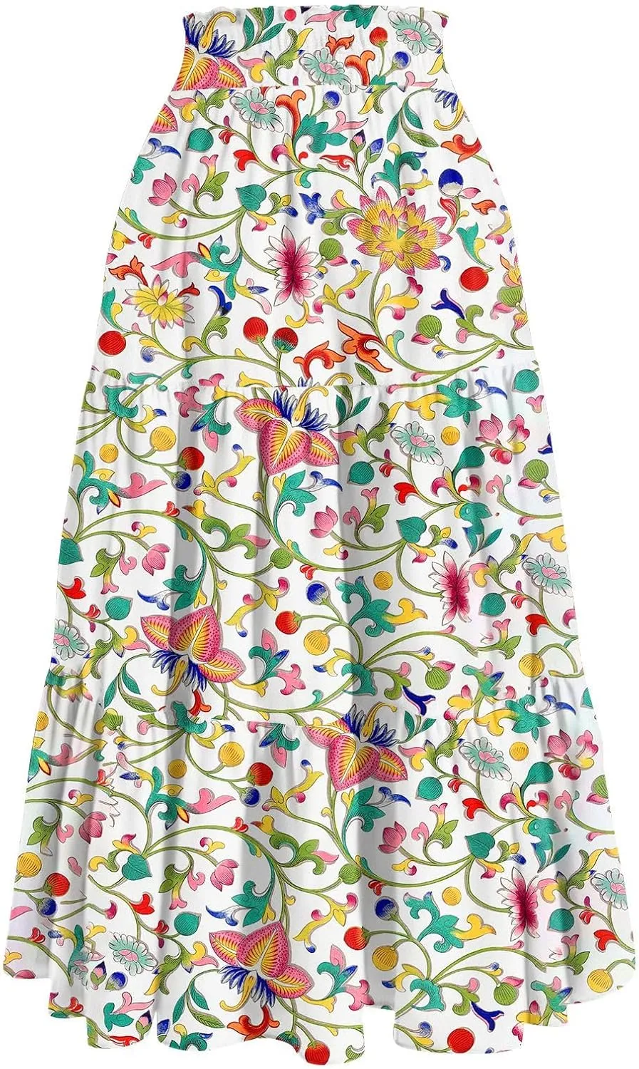 Women's High Elastic Waist Bohemian Midi Skirt - Pleated Ruffle A-Line Floral Skirt for Casual Wear