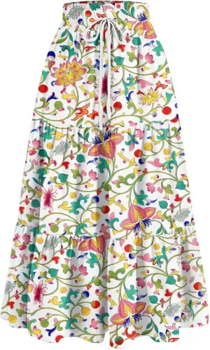Women's High Elastic Waist Bohemian Midi Skirt - Pleated Ruffle A-Line Floral Skirt for Casual Wear