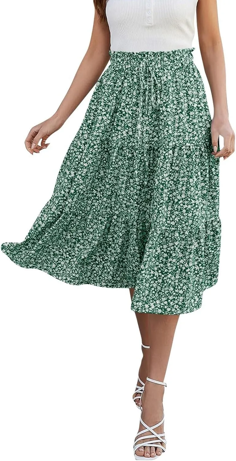 Women's High Elastic Waist Bohemian Midi Skirt - Pleated Ruffle A-Line Skirt for Casual Wear