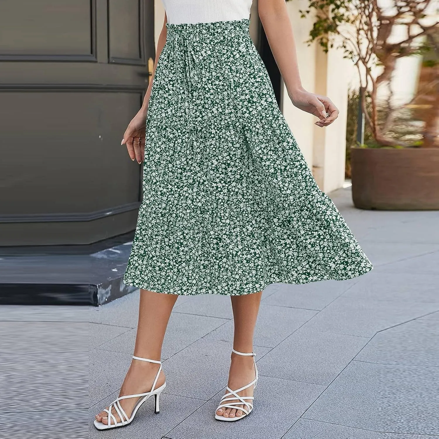 Women's High Elastic Waist Bohemian Midi Skirt - Pleated Ruffle A-Line Skirt for Casual Wear