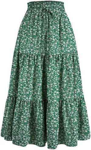 Women's High Elastic Waist Bohemian Midi Skirt - Pleated Ruffle A-Line Skirt for Casual Wear