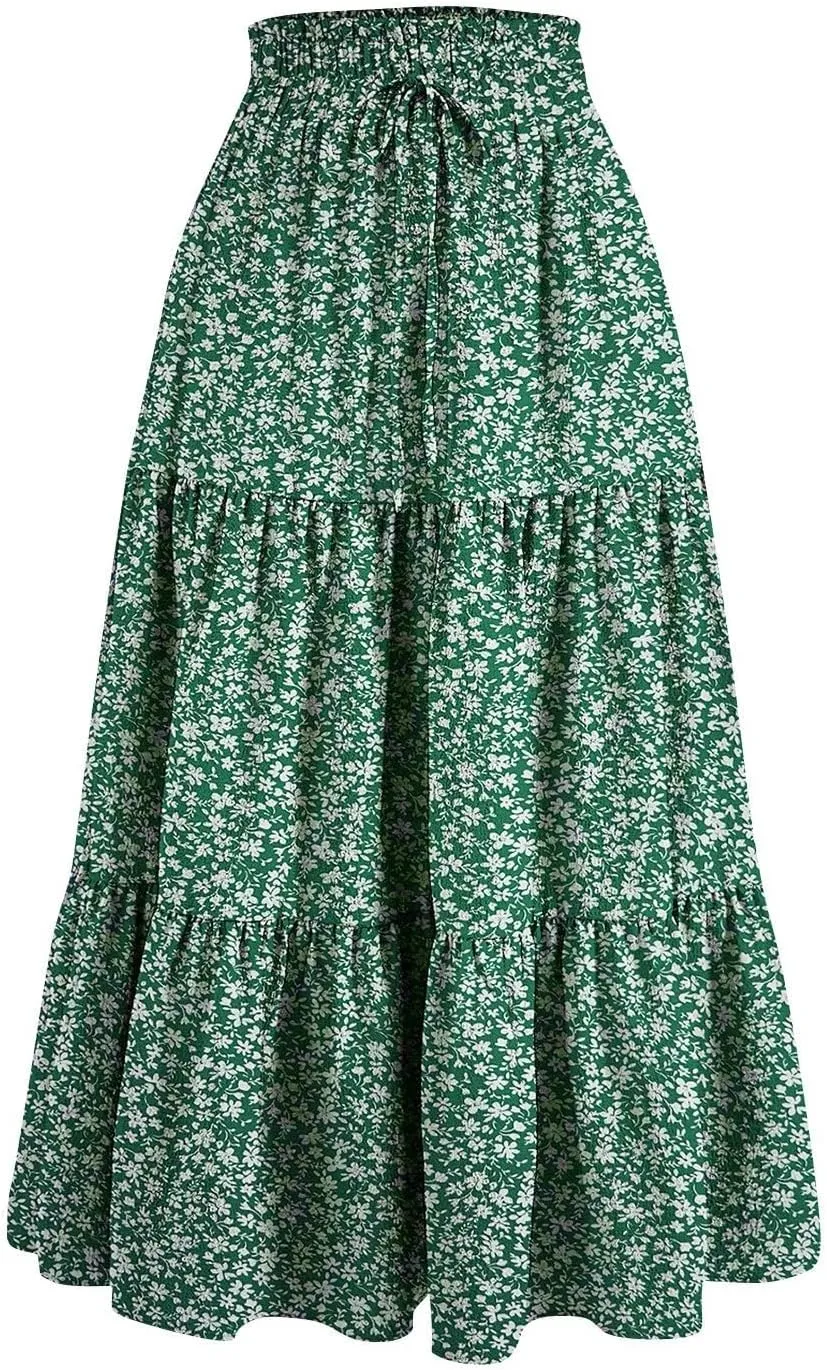 Women's High Elastic Waist Bohemian Midi Skirt - Pleated Ruffle A-Line Skirt for Casual Wear