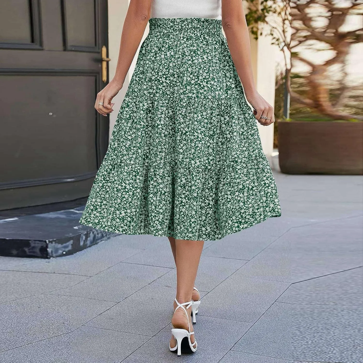 Women's High Elastic Waist Bohemian Midi Skirt - Pleated Ruffle A-Line Skirt for Casual Wear