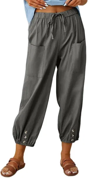 Women's High Waist Drawstring Cotton Linen Pants with 2 Pockets Straight Wide Leg Capri Cropped Trouser for Women