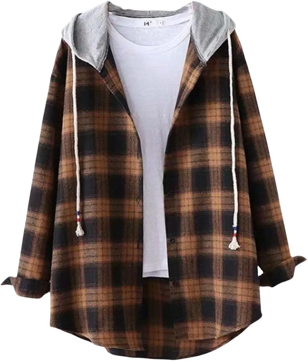 Womens Hoodies Flannel Coats Long Sleeve Classic Plaid Button Down Drawstring Shirts with Pockets Casual Outfits