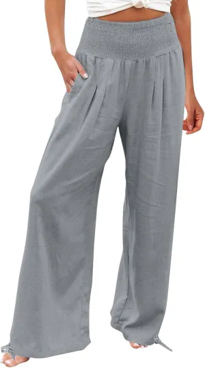 Womens Linen Pants 2025 Summer Casual Loose Wide Leg Palazzo Pants Smocked High Waist Flowy Beach Trousers