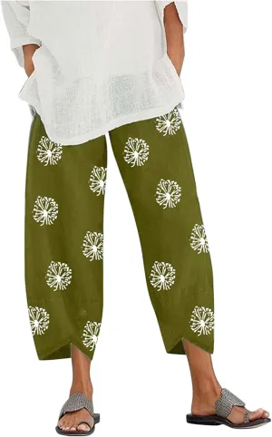 Womens Linen Pants Casual Dandelion Print Elastic Waist Sweatpants Capris Boho Wide Leg Palazzo Cropped Trousers with Pockets