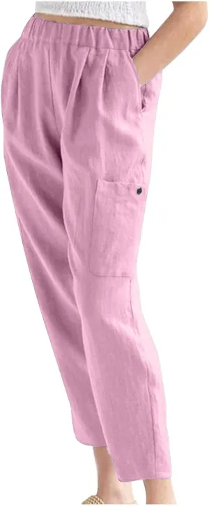 Women's Linen Pants Casual High Waisted Straight Leg Cotton Linen Pants Beach Summer Lounge Trousers with Pockets