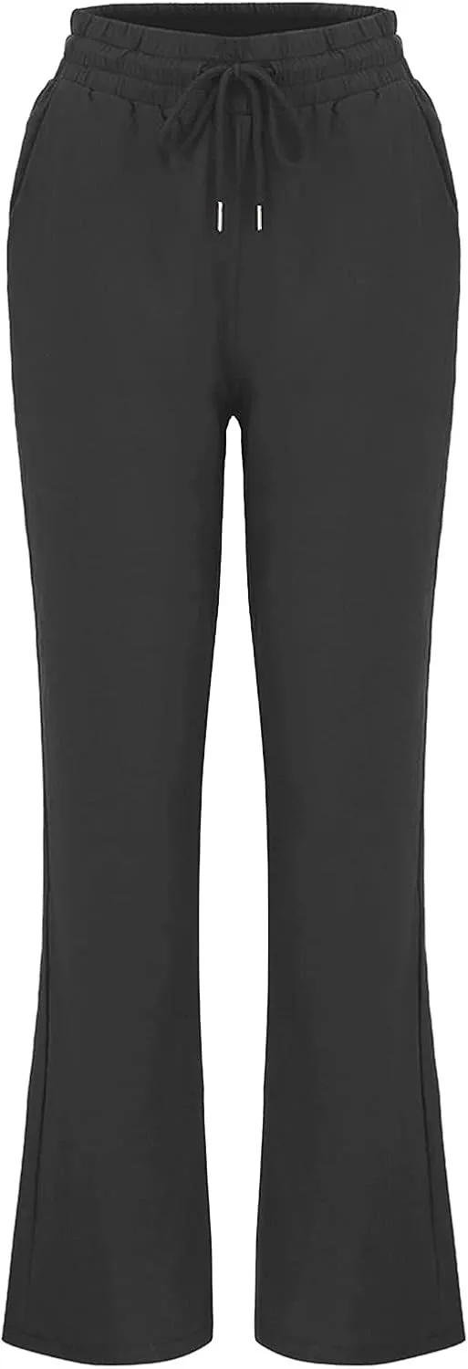 Womens Linen Pants Casual Straight Pants Drawstring Elastic Waist Long Pants Plus Size Comfy Summer Jogger Trousers
