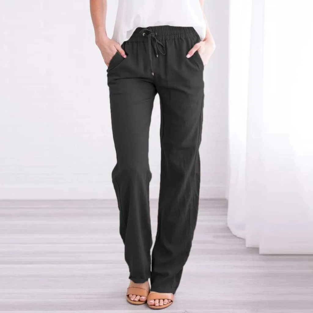 Womens Linen Pants Casual Straight Pants Drawstring Elastic Waist Long Pants Plus Size Comfy Summer Jogger Trousers