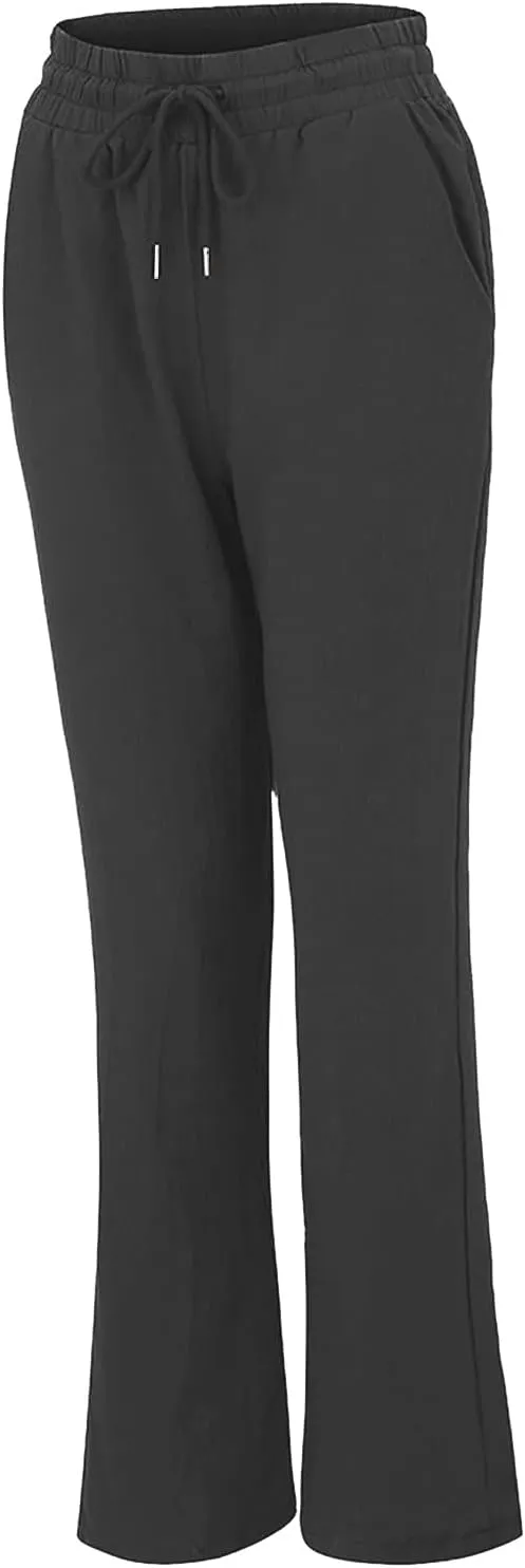 Womens Linen Pants Casual Straight Pants Drawstring Elastic Waist Long Pants Plus Size Comfy Summer Jogger Trousers