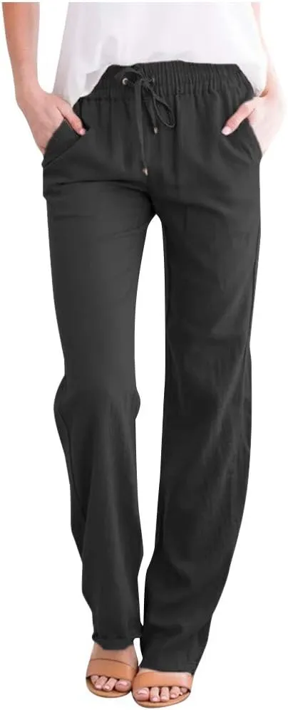 Womens Linen Pants Casual Straight Pants Drawstring Elastic Waist Long Pants Plus Size Comfy Summer Jogger Trousers
