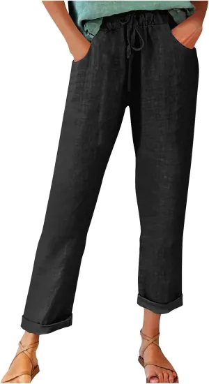Women's Linen Pants Casual Summer 2025 Straight Wide Leg Pants Loose Drawstring Elastic Waist Lounge Trousers with Pockets